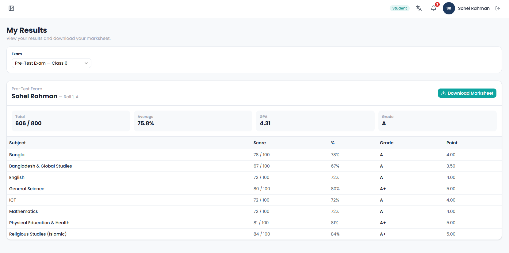 Student Results View