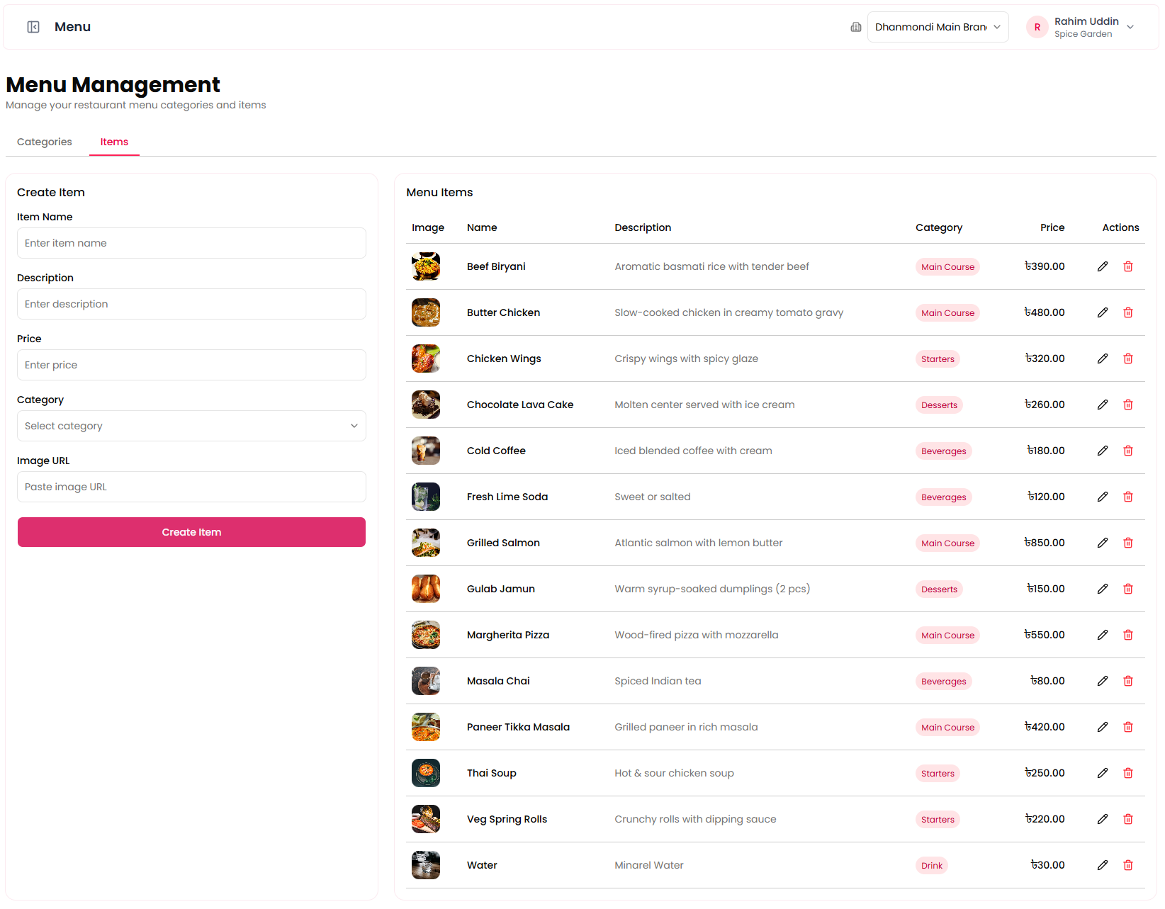 Menu Management